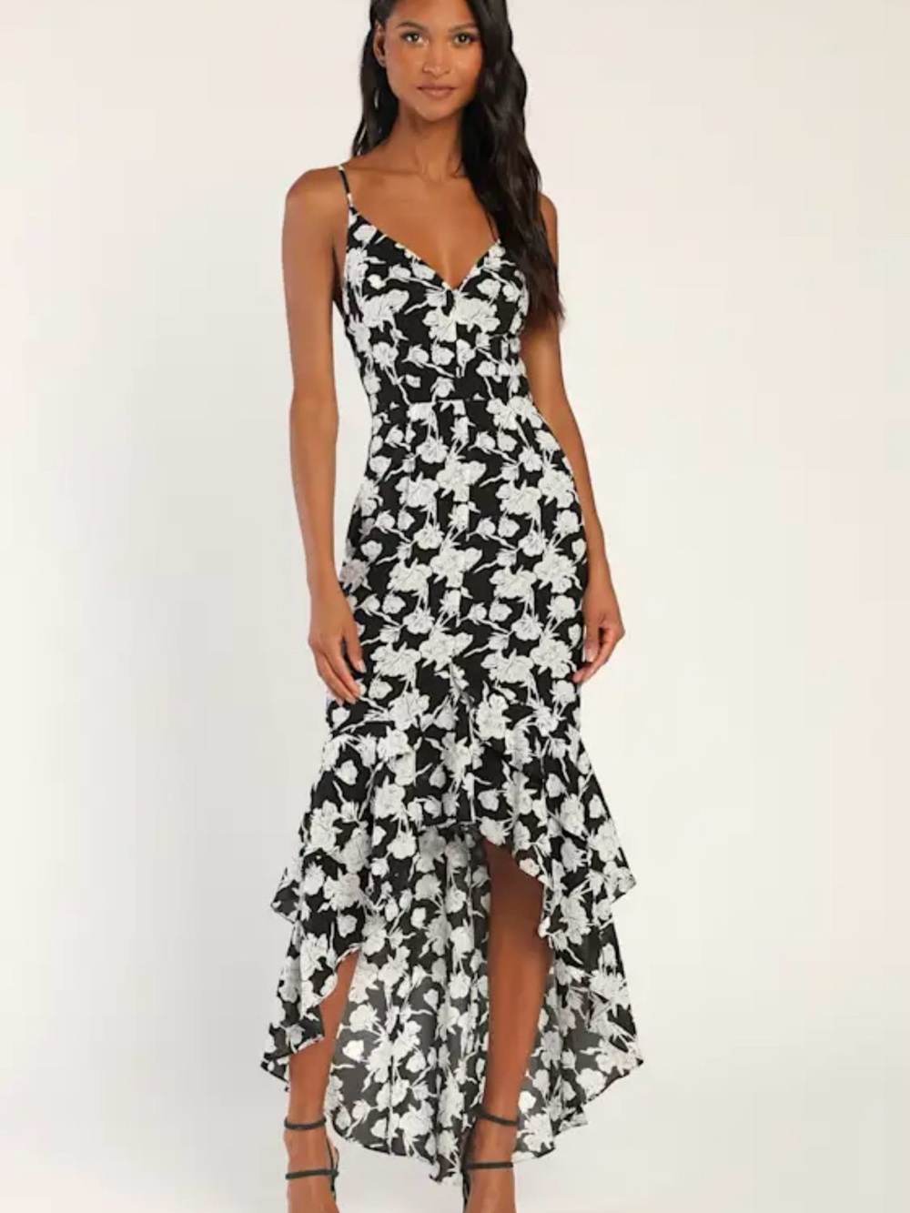 Lulus Darling Daylily Floral High Low Maxi Dress Black White Size L